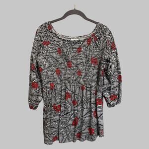 J. Jill Women’s Babydoll Boho Smocked 3/4 Sleeve Stretchy Black Red White Size M